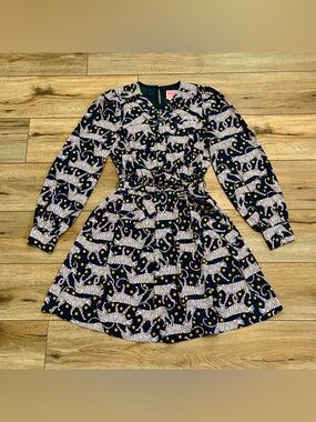 Kate Spade Panther Dot Midi Dress SZ Small Purple Long Sleeve Back Zip Side Tie